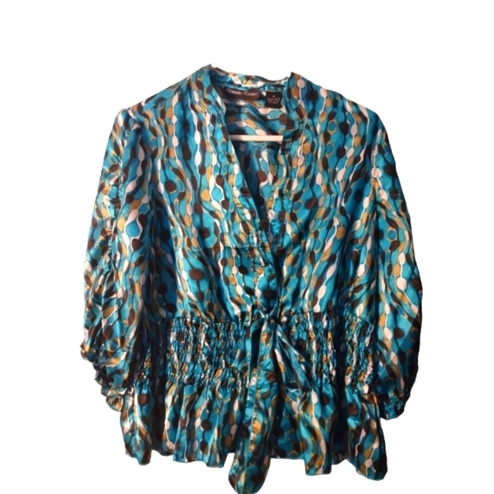Vintage Bonnie Evans Geo Design Eccentric Gathered Mid & Bow Accented Blouse M